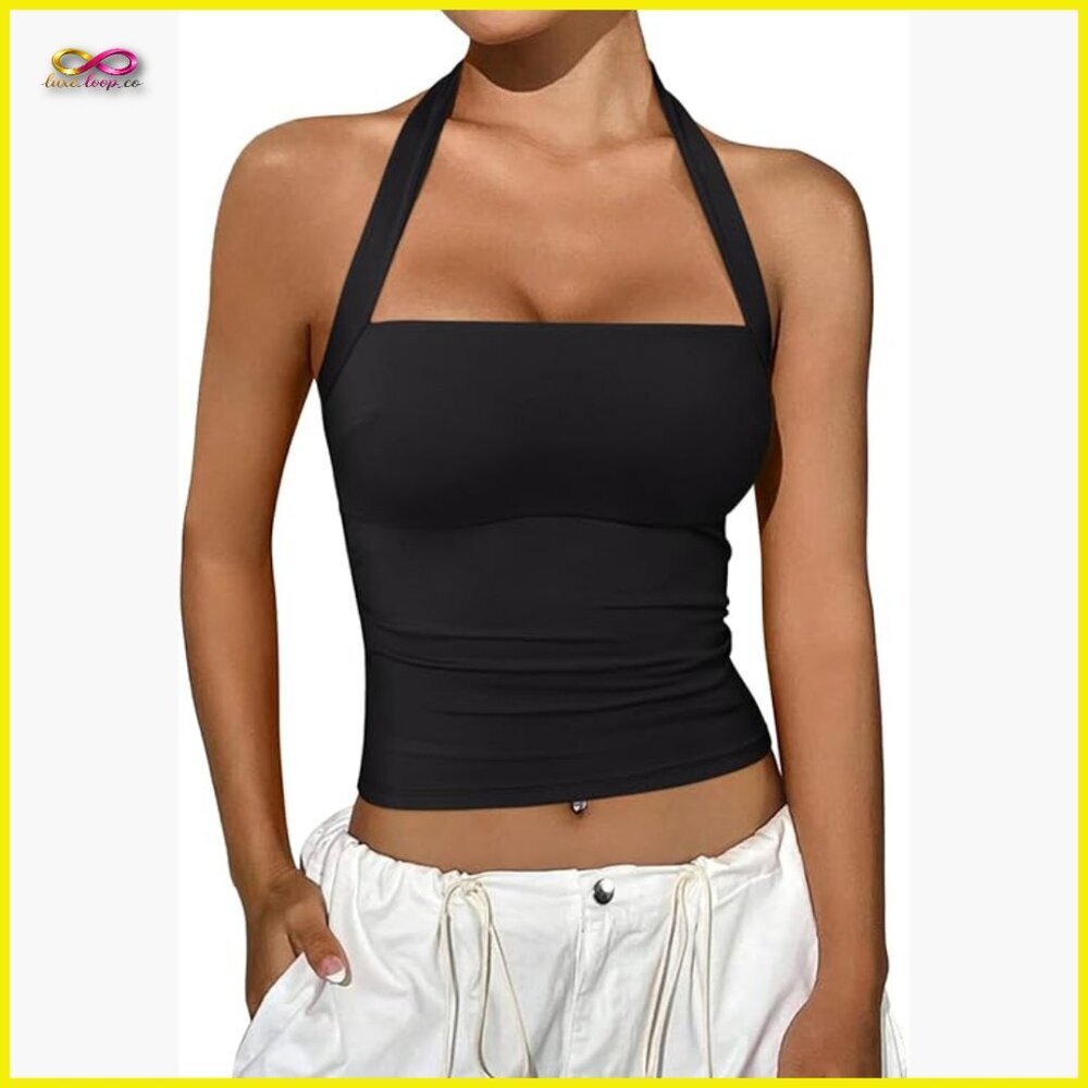 Halter Neck Crop Top Sleeveless Y2K Trendy Summer Going Out Outfits